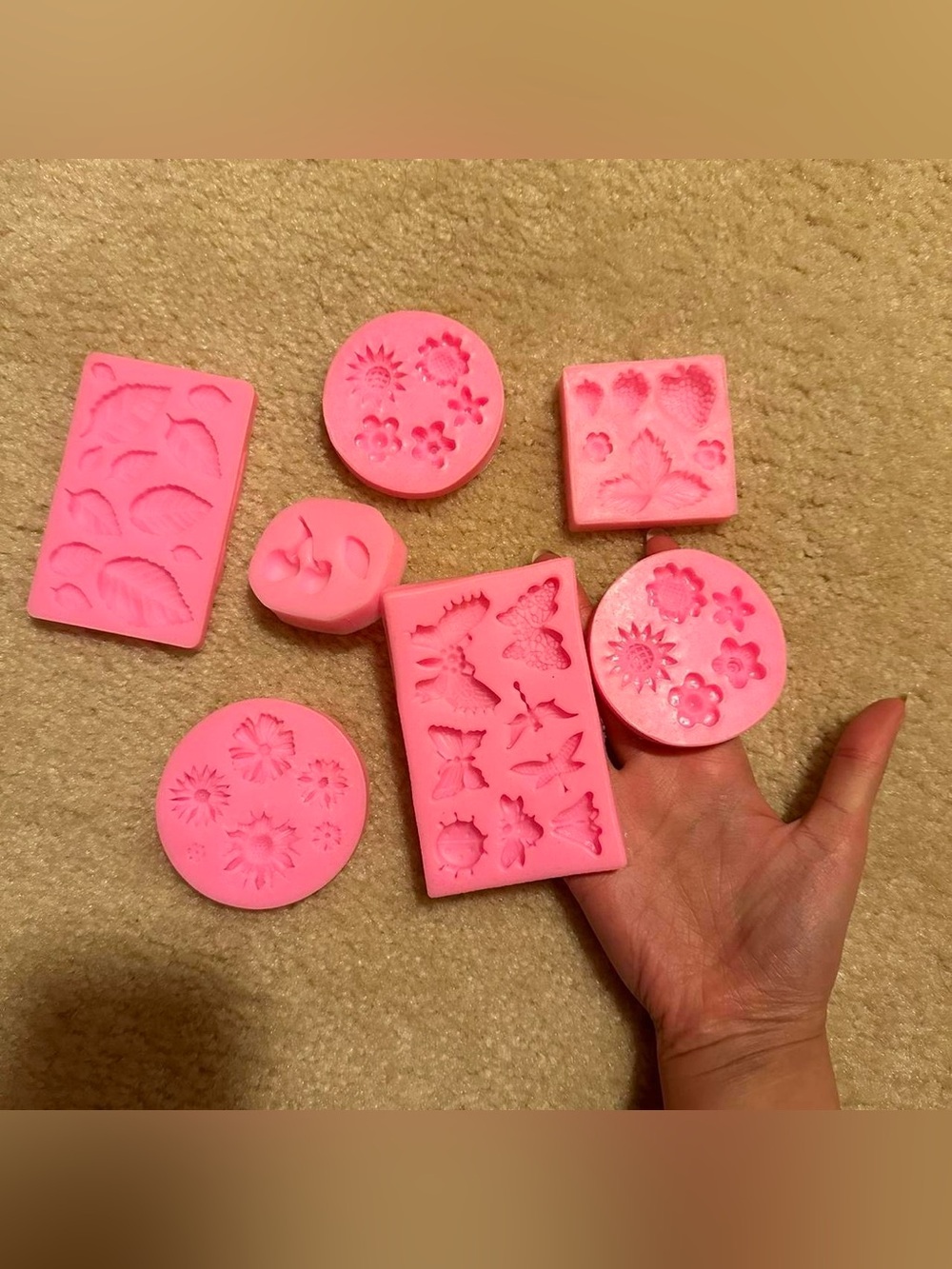 7 silicone fruit, flower, leaf and butterfly molds.